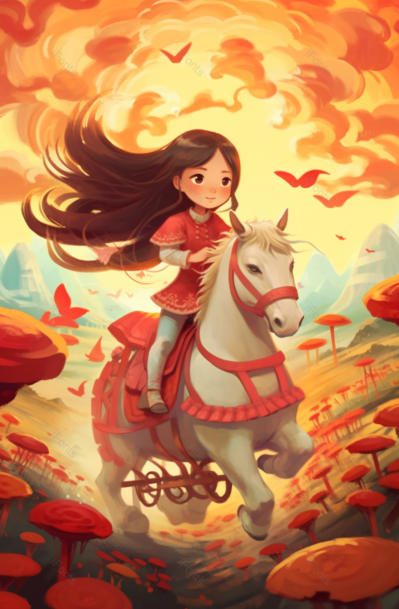 暖色调骑马小女孩长发飘飘手绘,插画/手绘图,插画/手绘图库,插画/手绘图下载,插画/手绘